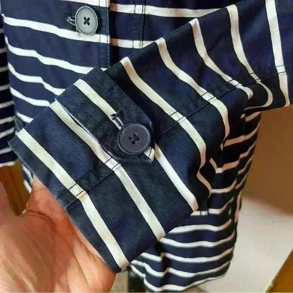 Gap Long Jacket Button Up Coat Women Medium Blue White Stripe Cotton Preppy - Picture 4 of 11